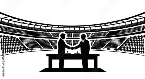 Businessmen shaking hands in stadium, agreement, partnership, sports business concept
