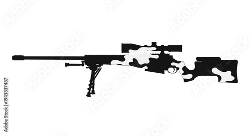Camouflage Sniper Rifle with Scope and Bipod on White Background