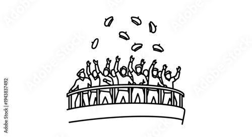 Celebration crowd throwing hats in the air on a balcony, joy and success concept