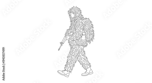 Camouflaged Soldier with Rifle Walking in Ghillie Suit