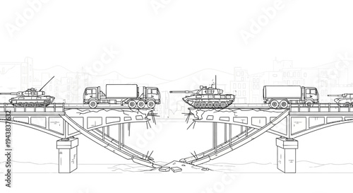 Damaged bridge with military vehicles, tanks, and trucks, war, destruction, conflict