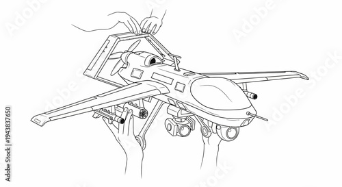 Drone assembly and preparation for flight, hands holding aircraft components