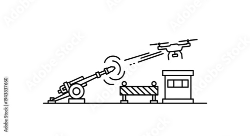 Drone targeted by anti-aircraft gun, military defense concept