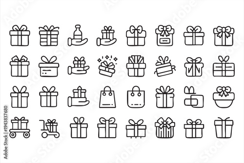 Celebration And Gift Package Icon Set Featuring Wrapped Presents Shopping Bags And Festive Symbols