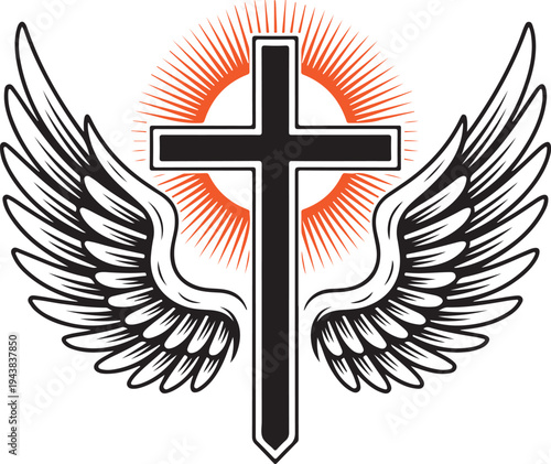 A powerful Christian cross symbol with majestic wings and a radiating sunburst
