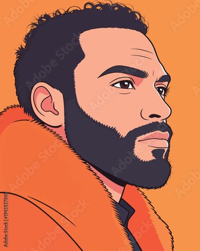 A man stands facing left with a thoughtful expression. He wears an orange fur coat and has short curly hair and a beard.