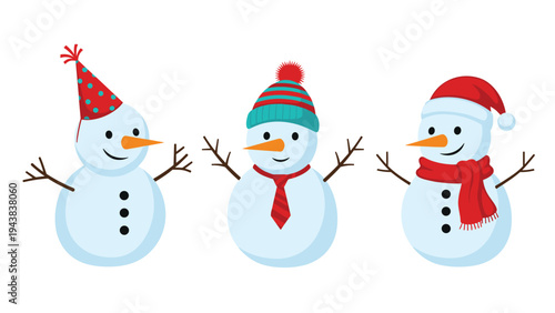 Three different snowmen wearing various winter accessories like hats, scarves, and ties shown on a plain white background for holiday design.