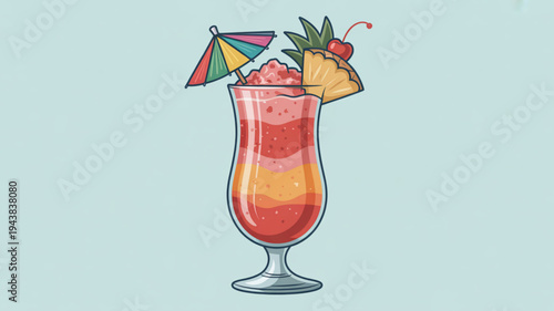 Colorful tropical cocktail with umbrella pineapple and cherry in a glass on a light blue background