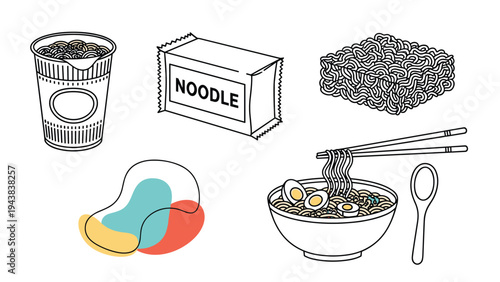 Set of instant noodle products including cup noodles, a packet, dried noodles, and a prepared bowl with eggs and chopsticks for a food concept.