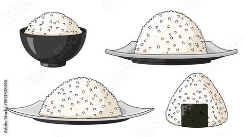 Collection of white rice illustrations featuring bowls, plates, and a triangular onigiri with seaweed for Asian cuisine design.