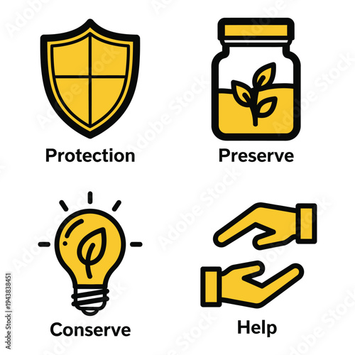 Vector art of four icons representing protection, preserve, conserve, and help
