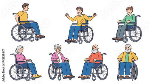 Set of people of various ages and genders using wheelchairs showing accessibility and inclusion for individuals with disabilities.