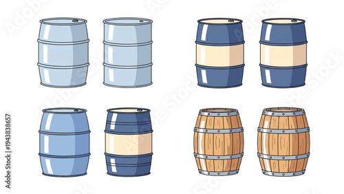 Collection of different industrial and rustic barrels including blue metal drums and classic wooden wine or oil casks.