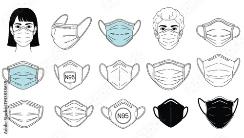 Comprehensive collection of protective face mask types including surgical, N95, and fabric masks shown individually and on people.