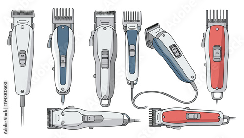 Collection of professional electric hair clippers and trimmers used in barbershops for haircuts and grooming services.