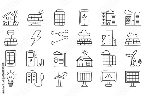 Green Energy And Solar Technology Line Icons With Solar Panels Battery Charging And Wind Turbine Symbols