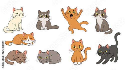 Set of cute cats in different colors and poses including sitting, jumping, sleeping, and stretching for pet themed designs.