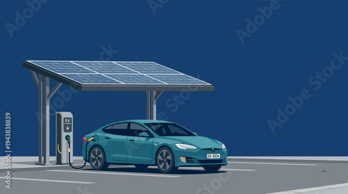 Minimalist illustration of electric vehicle charging station for green energy concept