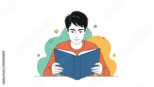 Illustration of a focused young man reading a large blue book with a colorful abstract background representing imagination and learning.