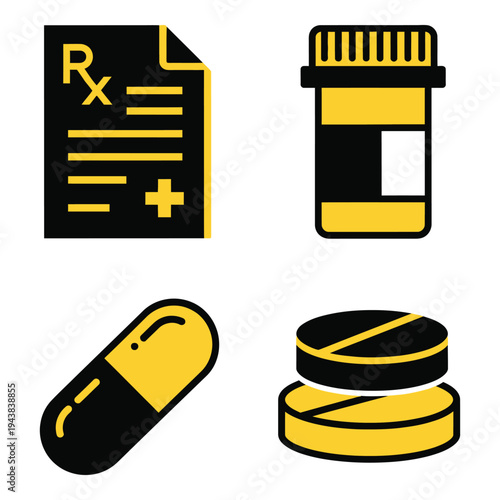 Vector art of four flat icons representing prescription, medicine bottle, capsule, and pills
