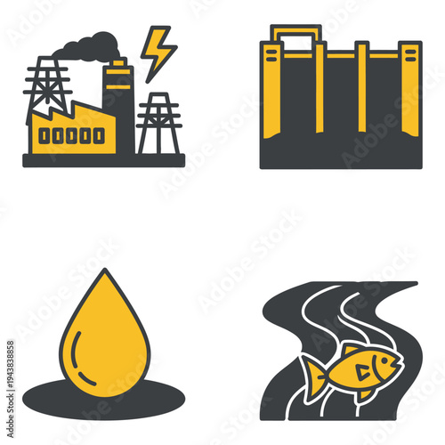 Vector art of four flat design icons representing energy sources and environmental elements