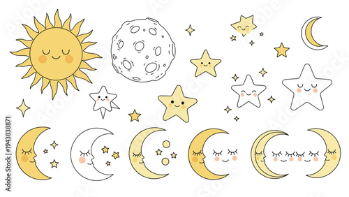 Collection of adorable celestial illustrations featuring a smiling sun, craters on the moon, and various happy star characters.