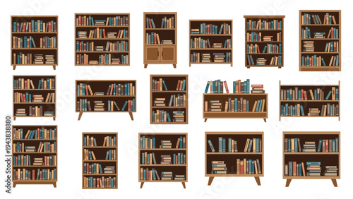 Collection of various wooden bookshelves and bookcases filled with a diverse array of books for library or study room concepts.
