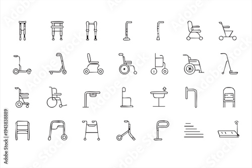 Mobility Aid And Accessibility Outline Icons Featuring Wheelchair Walker Crutches Cane And Rehabilitation Symbols