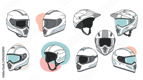 Selection of various protective helmet designs for motorcycling and sports including full face, open face, and off-road styles.