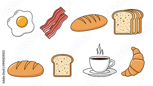 Delicious selection of breakfast food items featuring fried eggs, crispy bacon strips, fresh bread loaves, and a cup of hot coffee.
