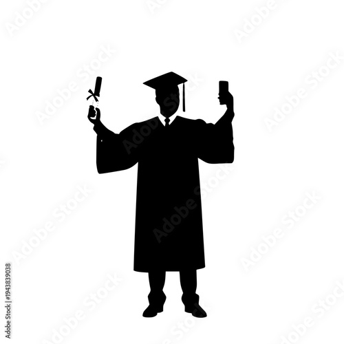 Graduate holding diploma and smartphone for selfie during commencement ceremony