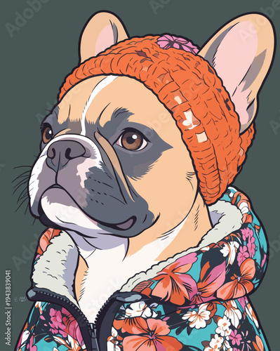 A dog wears an orange knit hat and a floral jacket. The dog poses with a serious look. The background is grey.