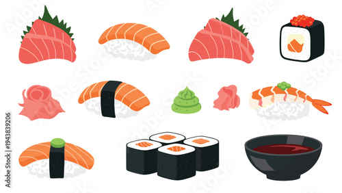 Delicious assortment of japanese cuisine featuring various types of sushi, nigiri, maki rolls, sashimi, and soy sauce in a bowl.