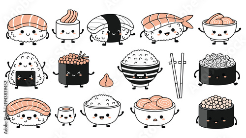 Adorable set of sushi themed cartoon characters featuring smiling rolls, nigiri, and bowls of rice with expressive faces.