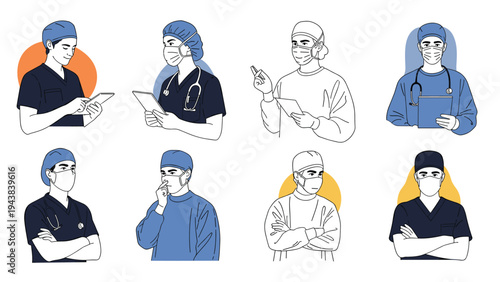 Group of doctors and nurses wearing surgical masks and scrubs holding tablets and medical records representing the healthcare workforce.