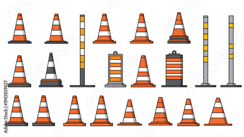 Comprehensive collection of orange and white striped traffic cones and safety pylons used for road construction and area marking for safety.