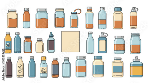 Diverse collection of reusable glass jars and water bottles in different sizes and shapes promoting sustainable living and hydration.