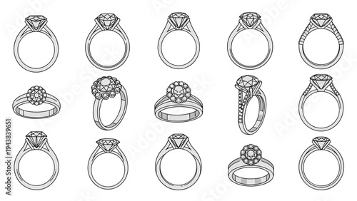 Elegant assortment of diamond engagement and wedding rings in various settings and designs for jewelry store catalogs and romantic gift ideas.