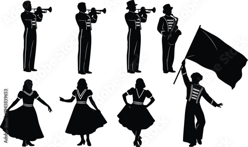 Black silhouette collection of marching band musicians playing trumpets and saxophone, color guard flag bearers, and traditional dancers for parade events. (22 words)