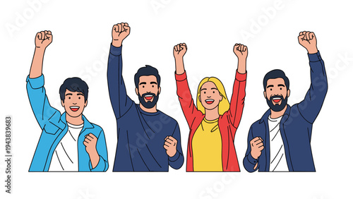 Group of enthusiastic people with their fists raised cheering in celebration of success, victory, or a positive social movement with joy.