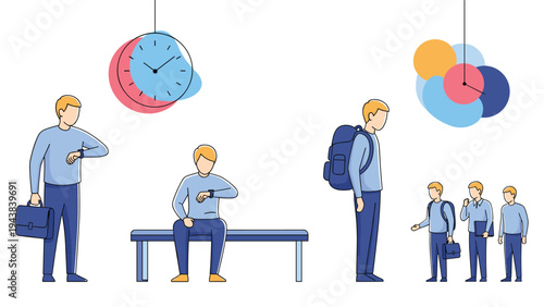 Illustration of people waiting at a station or office checking their watches and mobile devices next to abstract clocks and schedules.