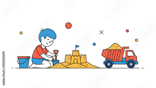 Young boy building a sandcastle and playing with a toy dump truck on a sandy beach under a sunny sky for summer vacation fun and memories.