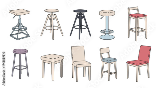 Modern collection of chairs and stools including bar stools, office chairs, and dining chairs for interior design and furniture catalogs.