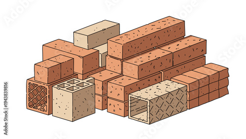 Pile of different types of construction bricks and blocks including red clay and hollow concrete for building and masonry work projects.