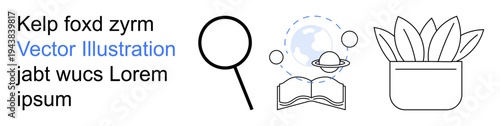 Education, research, exploration, nature, learning, sustainability. A magnifying glass, open book with planets and plants in a pot. Education and research visualization
