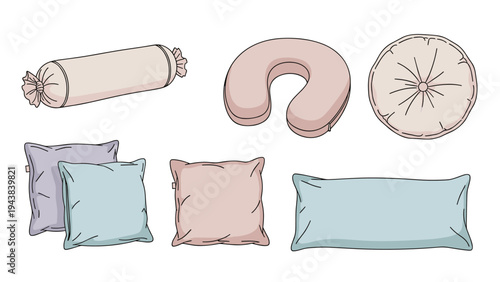 Collection of various pillow shapes and sizes including bolsters, neck pillows, round cushions, and square throw pillows for home comfort.