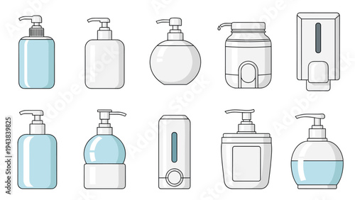 Assorted designs of liquid soap and lotion dispensers for bathroom and kitchen hygiene and personal care product packaging concepts.