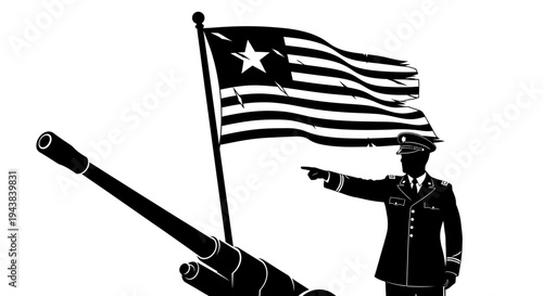 Military Commander Directs Artillery Gun with American Flag Waving