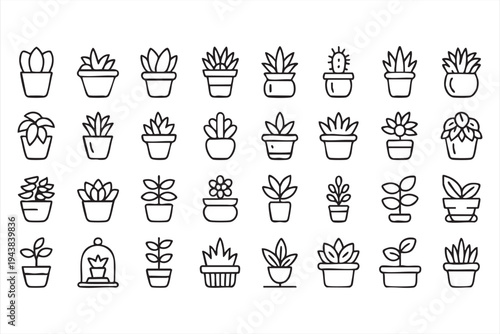 Indoor Gardening Outline Icons Featuring Houseplants Succulents Flower Pots And Botanical Symbols