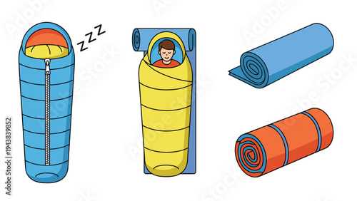 Selection of camping equipment featuring sleeping bags with people inside and rolled-up mats for outdoor adventure and hiking trips in nature.